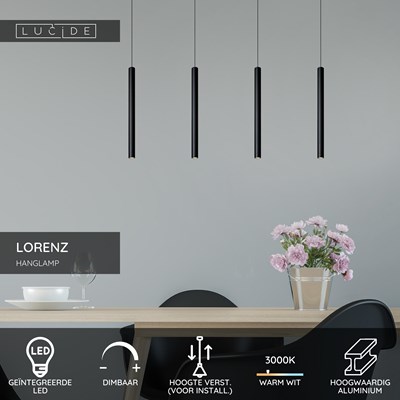 Lucide LORENZ - Hanglamp - LED Dimb. - 4x4W 3000K - Zwart